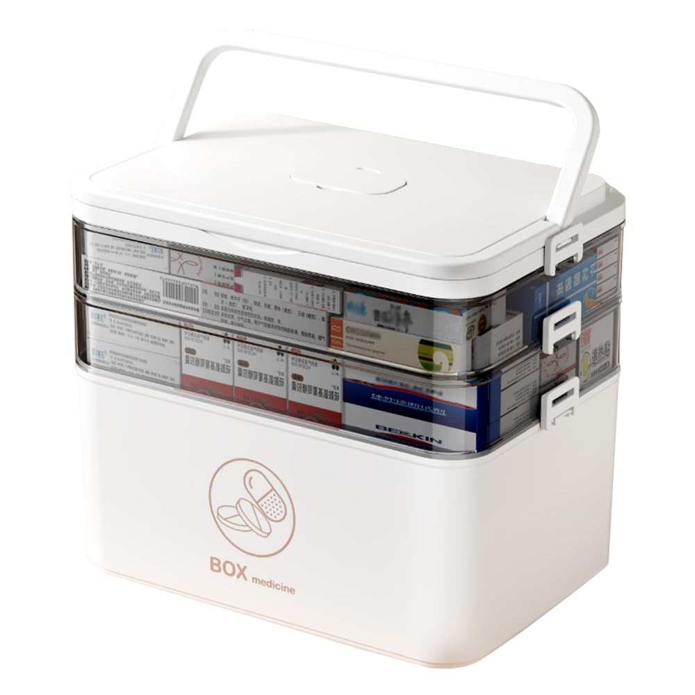 SINBINTA 3 Layer Medicine Storage Box, Plastic First Aid Box with Handle, Portable Medical Organiser Household Medication Storage Boxes for Home, School, Office (3 Tier)