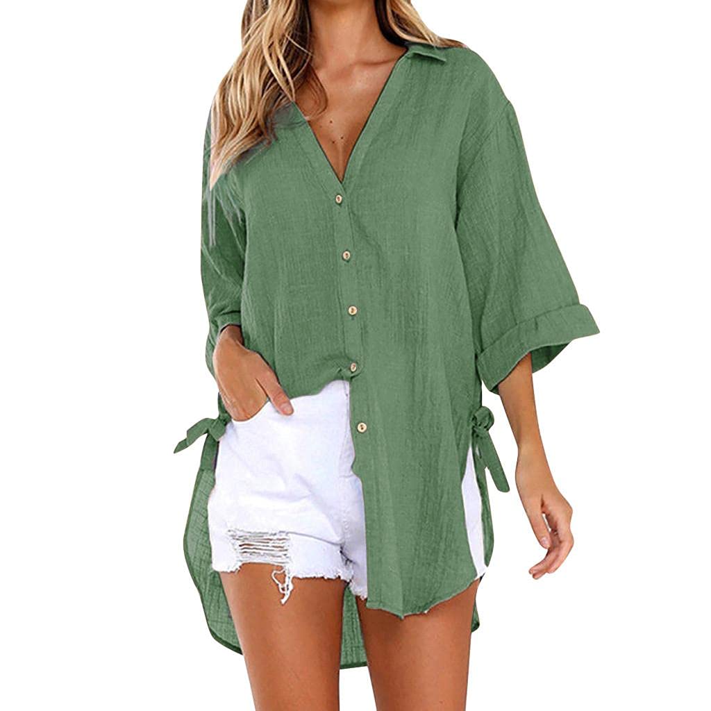 YpingLonk Tops para Mujer OtoñO AlgodóN Lino Botones Vestido Largo Manga Enrollada Trabajo Informal Blusas Lisas Camisas