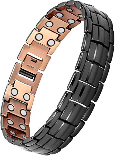 WELMAG® Mens Copper Magnetic Bracelets Black Pure Copper with Double Raw 3500 Gauss Magnets Pain Relief for Arthritis and Carpal Tunnel with