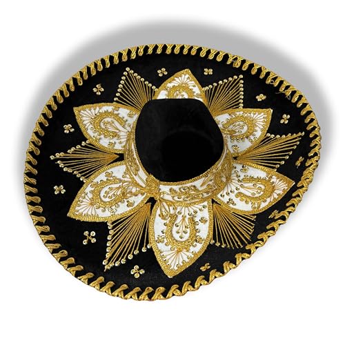 Artesanias Mickey Authentic Mexican Mariachi Sombrero - Traditional Mexican Black Hat with Gold Floral Unique Embroidery Black Gold (Product may vary in Design and Color)