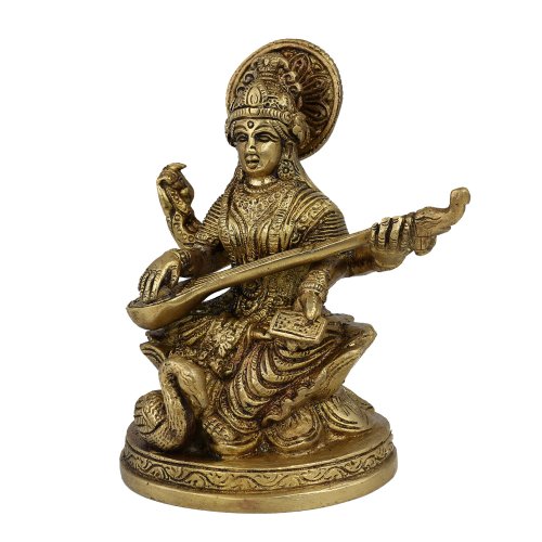 Shalinindia Saraswati Statue Goddess Figurine Idol Hindu Religious Art Brass 5 Inches 0.9 Kg #TOP2
