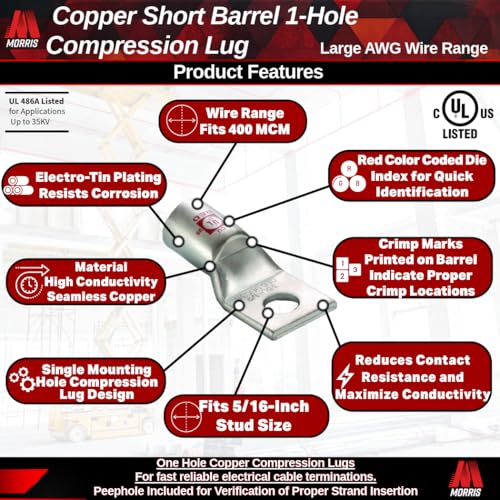 Image of Morris 94823 Copper Short Barrel 1 Hole Compression Lugs 400 MCM 5 /16 Stud, 1-Pack