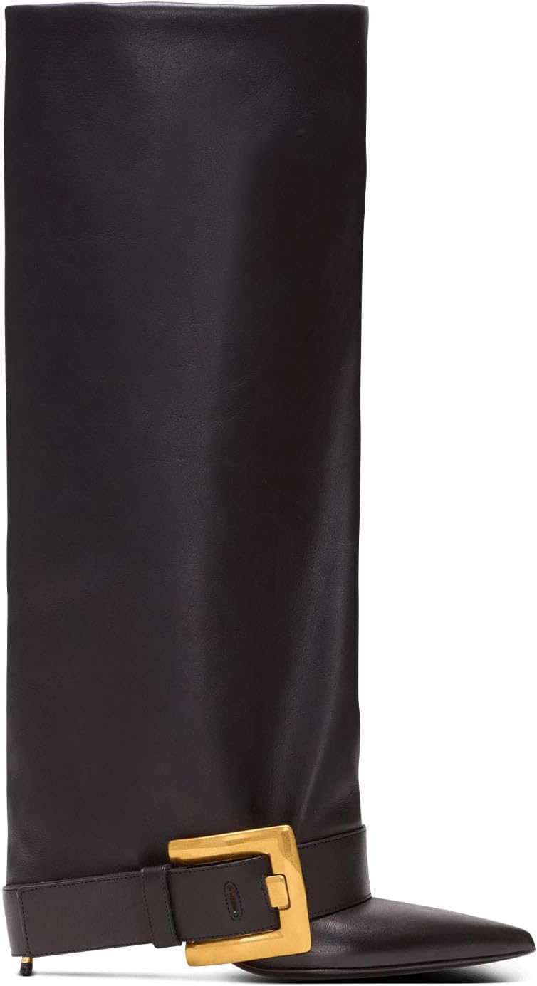 Fold Over Boots for Women Pointed Toe Stiletto Heel Knee High Boots Sexy Dress Shoes - Image 4