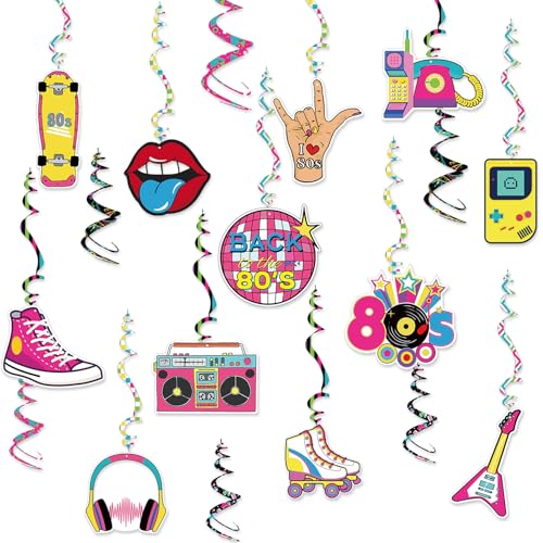 30 Stück 80er Jahre Deko, Back to the 80s Deko Luftschlangen HäNgende Wirbel Party Decken Dekorations Bunt 80er Geburtstagsdeko Retro Disco Party Dekoration