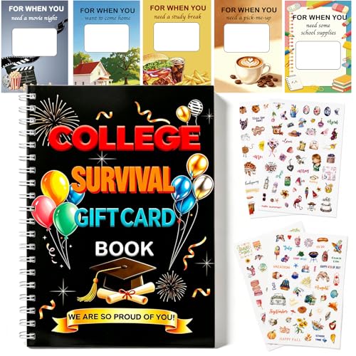 College Survival Gift Card Book, 21 Pages Graduation Gift Card Book with DlY Stickers, Back to School Gift for Freshman, Personalized College Survival Kit, Gift Card Cash Holder Booklet for Him Her