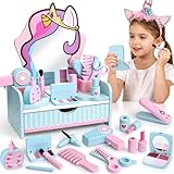 Schminktisch Holz Kinderschminke Set Mädchen Einhorn Schminkkoffer Kinder Schminke Frisiertisch Frisierkoffer Makeup Holz Spielzeug Rollenspiel Weihnachten Geburtstags Geschenk für Mädche 3 4 5 6 7