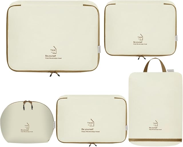 Cubes d'emballage, 5 Ensemble de cubes d'emballage de voyage pour transporter les valises, les organisateurs de valises & Cubes de voyage (5-piece, Béige)