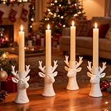 DN DECONATION Candlestick Holders Reindeer Votive Candle Holders for Taper Candles, Christmas Deer Candle Holder Centerpieces for Dining Table, Mantel & Holiday Decorations Set of 4 (White)