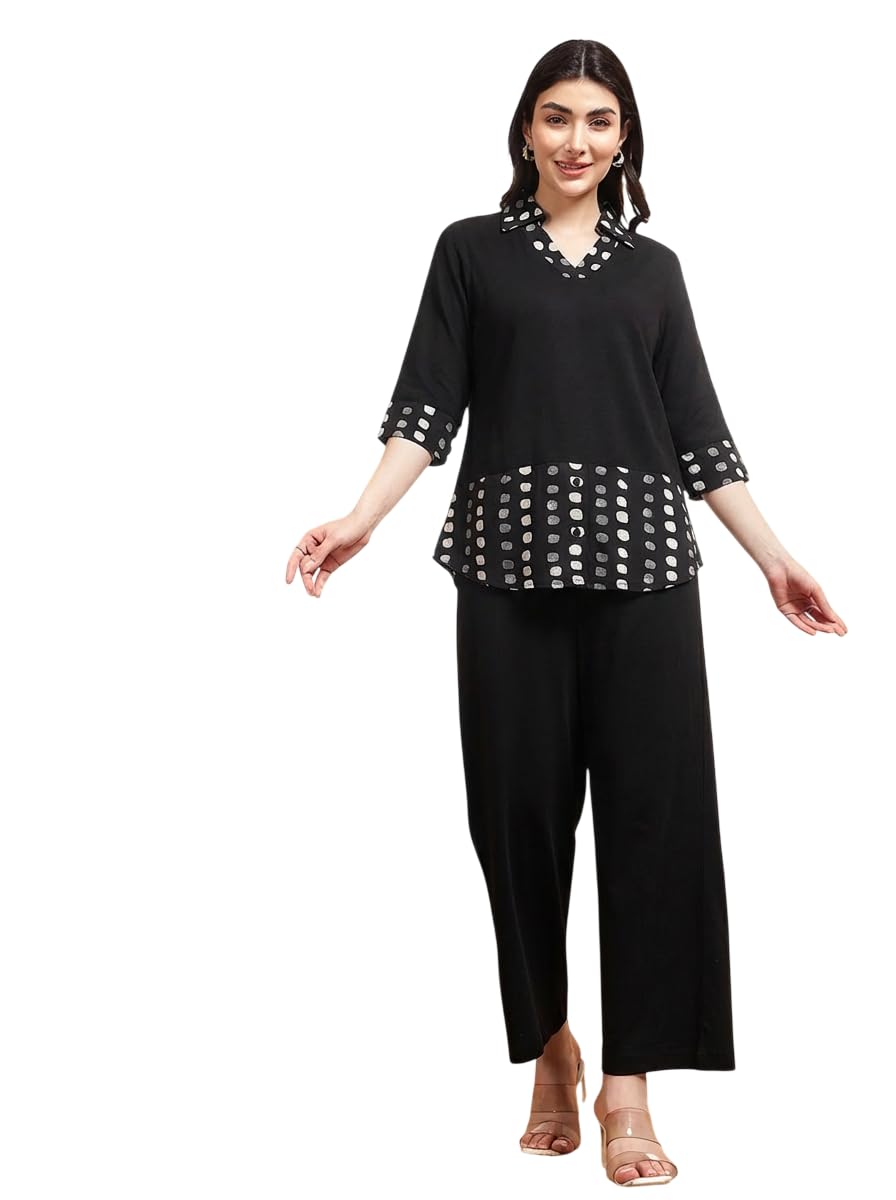 Cotton Solid with Polka Dots Shirt Style T-Shirt and Pant|V-Neck|Cord Set for Women|Jumpsuits Western Dress for Women Stylish|Latest Two Piece Co ord Set (Black)-image-41