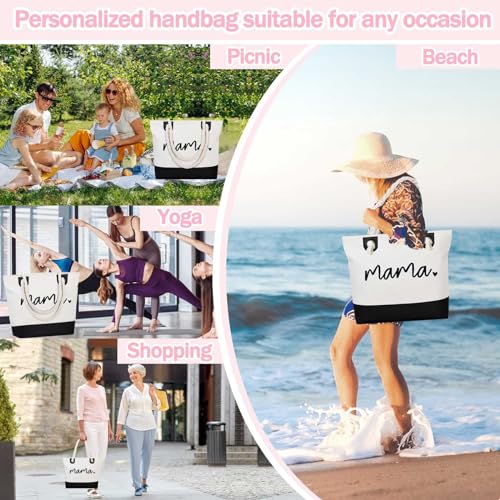 Image of GhvyenntteS Mama Bag, Mama Tote Bag with Zipper, Birthday Gifts for Women Mom Grandma, New Mom Gifts for Hospital, Shopping, Beach, Travel, Black