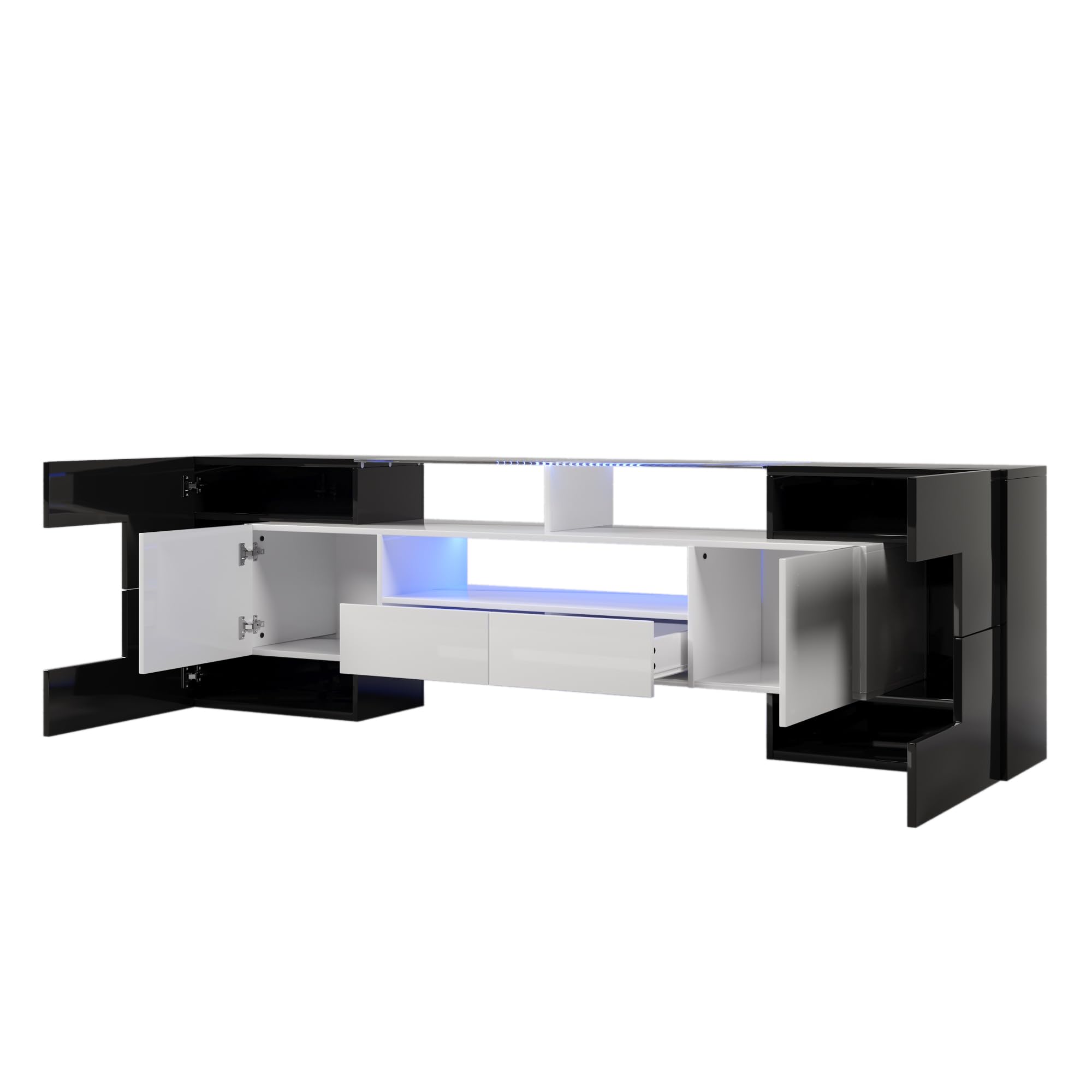 Mobile TV 200 cm, elegante mobile TV Lowboard, lucido con illuminazione a LED, mobili da soggiorno, design moderno, elegante superficie in vetro (nero, 200 cm)