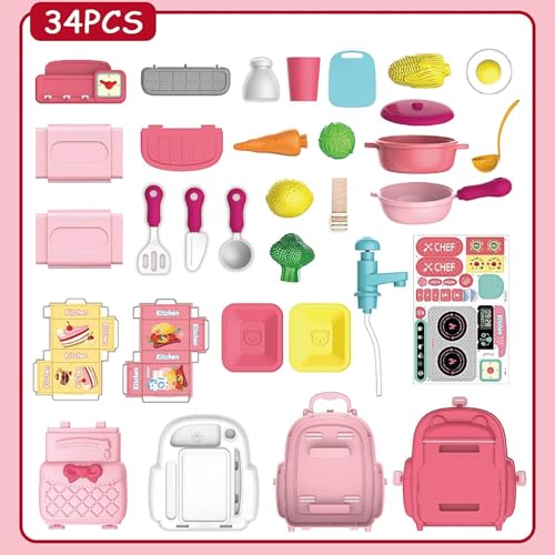Image of 34 Piece School Bag Packing Pretend Play Cooking Game Kitchen Set Toy for Kids Girls | Modern Chef Kitchen Playset with Accessories | Portable Kitchen Role Play Toy (Chef Kitchen Pink)