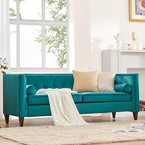Dreamsir 78'' W Velvet Sofa, Mid-Century Love Seats Sofa Furniture With Bolster Pillows, Button Tufted Couch For Living Room, Tool-Free Assembly (Sofa, Peacock Blue) #TOP1