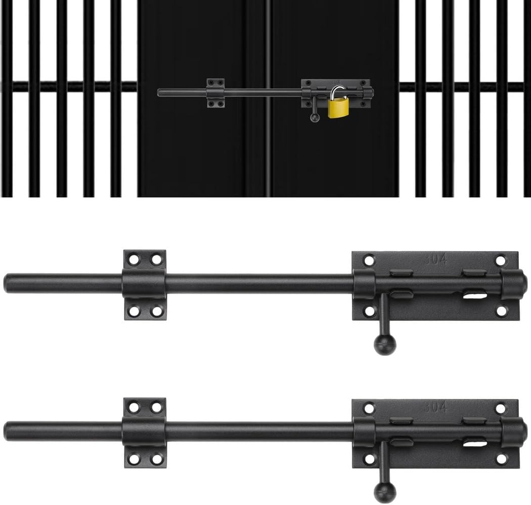 Barrel Bolt Lock 2-Pack, Matte Black 304 Stainless Steel Slide Latches with Lock Hole for Barns, Gates, Fences, and Doors