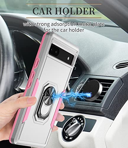 Benbenjaytek Case For Google Pixel 7A With 1 Screen Protector + 1 Camera Protector Ring Kickstand Holder Dual Layer Heavy Duty Bumper Shockproof [Support Magnetic Car Mount] (White+Pink) #TOP6