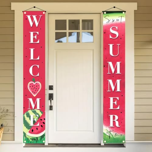 Image of BlissYard 2pcs Welcome Summer Door Banner Watermelon Porch Banner Sign Sweet Fruit Time Front Door Hanging Decor Banners for Summer Home Hawaii Tropical Party Outdoor Decorations
