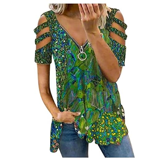 Tops for Women Summer, Women's Plus Size Tops Sexy Casual Strap Cold Shoulder Shirts Loose Fit Zipper V Neck Tunics Blouse Plus Size Tunic Tops for Women