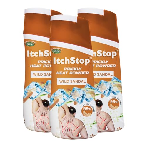 Image of Itchstop Prickly Heat Powder | Fast Cooling Relief from Prickly Heat, Rashes, Itching, Sunburn, Sweat, Excess Moisture, Body Odor, Skin Burning & Irritation | Keeps Skin Fresh, Dry & Free from Bacteria All Day | Fine-Textured Talc for All Ages - Adults & Kids | 150g (Wild Sandal (Pack of 3))