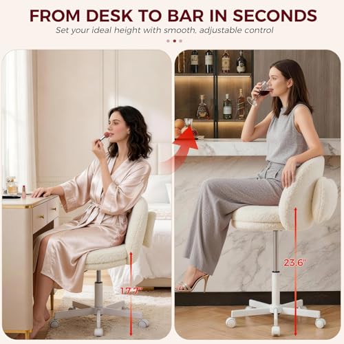 Image of GTPLAYER Velvet Tall Office Chair with Wheels Vanity Chairs with Back, Versatile Height Use: Office to Bar Stools Small Ergonomic Comfy Armlees Computer Desk Chair with Bow Lumbar Pillow for Gift