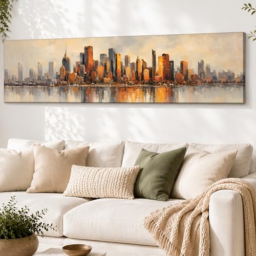 Image of Modern Urban Skyline Stretched Canvas Wall Art Painting for Living Room, Abstract Cityscape Canvas Wall Decor For Livingroom, Bedroom, Office, Hallway's, Hotel 12x46 Inch