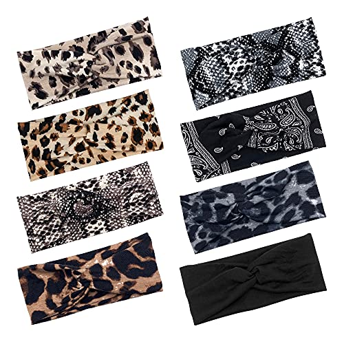 Docuwee 8 Pack Fashion Wide Headbands for Wome，Soft Elastic Twisted Criss Cross Hair Bands， Leopard Boho Head，Non Slip and Breathable Turban for Teen Girls