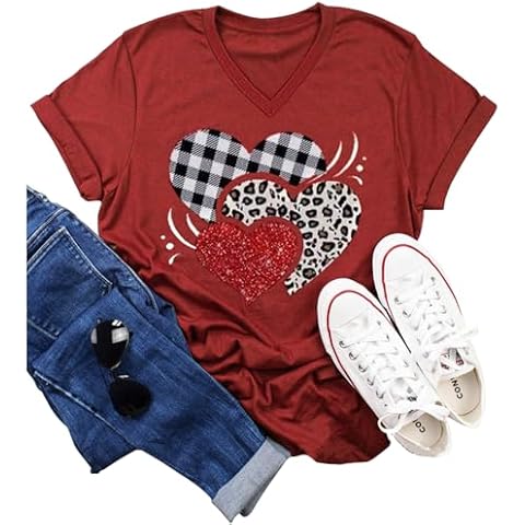 Leopard Plaid Heart T Shirts for Women Valentin's Day Funny Graphic Blouse T-Shirt Vacation Shove Sleeve V Neck Tee Tops(Red-2,2X-Large) Cover