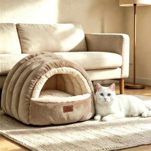 Noocyarn Covered Cat Bed Cave for Indoor Cats, 2-in-1 Enclosed Pet Bed for Small Dogs and Kittens with Zippered Washable Cat Mats, Cat House Bed, Camel — view 6