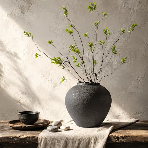 BLOSMON Large Black Vase with Greenery: 10.6" Pottery Look Vase