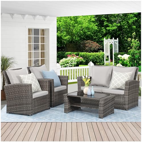 Wisteria Lane 4 Piece Patio Furniture Set, Wicker Outdoor Patio Conversation Furniture Set, All Weather Outdoor Patio sofa with Cushion and Glass Table, Grey