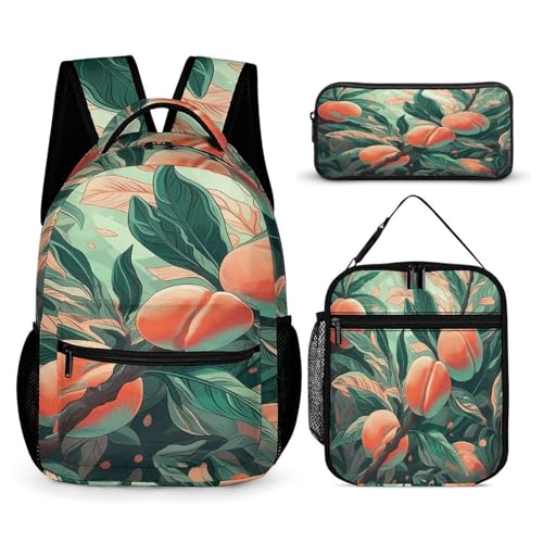 Peach on The Branch Printed Backpack With Lunch Pack Storage Box Case 3pcs Lightweight Travel Backpack