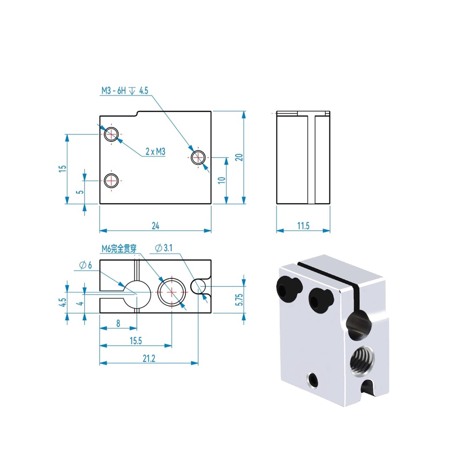 Blocco riscaldante, compatibile con E3D, hotend V6 PT100 | Parte hotend stampante 3D, supporta sensore PT100, rame/ottone/alluminio(Aluminium,3pcs)