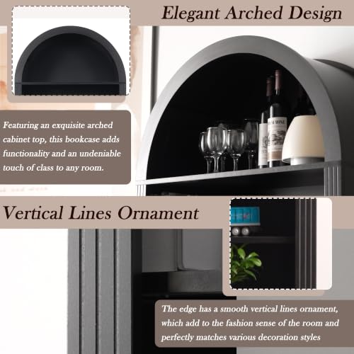 Image of Farmhouse Arched Bookshelf with Storage Cabinet(Black Style3) | Tall Display Bookcase with Drawer Doors&Adjustable Shelves, Freestanding Kitchen Pantry Cabinet for Living Room, Home Office
