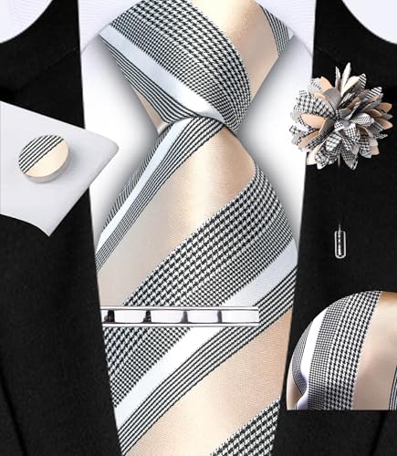 Image of GUSLESON Men's 5-pc Striped Tie Gift Set - Jacquard Necktie, Pocket Square, Cufflinks, Lapel Pin, Tie Clip - Wedding Formal Gifts
