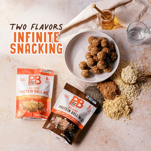 Image of PBfit No Bake Peanut Butter & Cocoa Protein Ball Mix, 8g Protein, Made with Chia Seeds & Whole Grain Oats, Gluten Free, Vegan Snacks, 10.58 Oz Bag