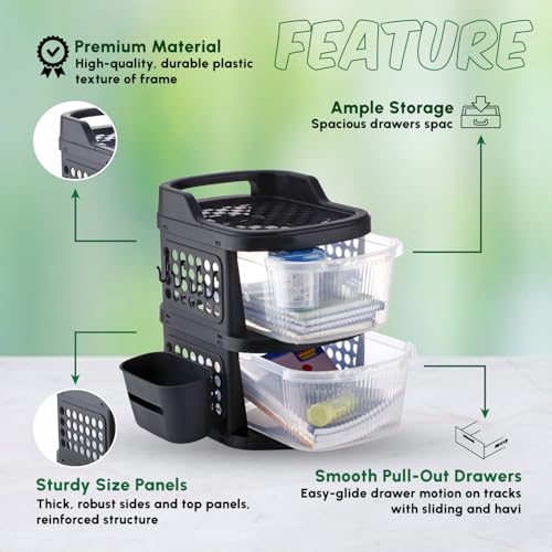 Image of JD FRESH 2 Tier Plastic Storage Drawer Cabinet with Wheels /Modular Storage Drawer Organizer with Side Basket & Integrated Handle /Plastic Storage Trolley Rack for Home /Kitchen -(Black Transparent)
