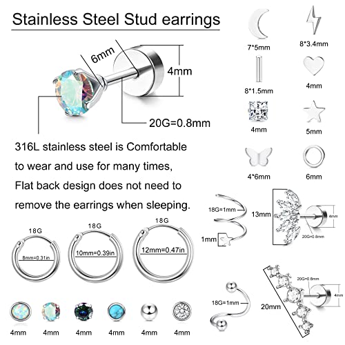 Yadoca 19Pairs Surgical Steel Flat Back Stud Earrings For Women Men Hypoallergenic Cartilage Earrings Stud Hoops Small Cz Star Bar Butterfly Helix Tragus Daith Earrings Piercing Jewelry 20G #TOP1