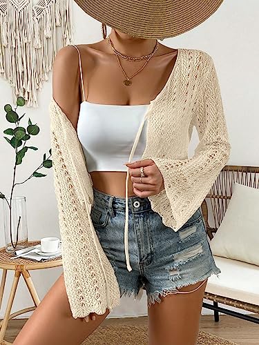 Image of Verdusa Women's Tie Front Crop Cardigan Bell Long Sleeve Scalloped Lightweight Knit Tops Summer Beach Cover Up