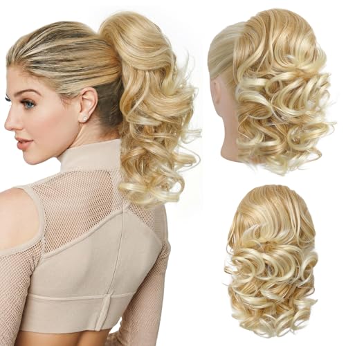 Flufymooz Ponytail Extension, 14 Inch Short Drawstring Ponytail Hair Extension for Women, Soft Synthetic Pony Tails Hairpiece for Women (Dark Blonde with Light Blonde)