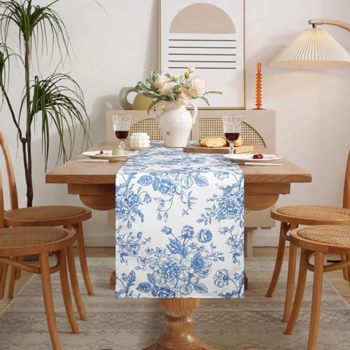 Dremisland Blue Table Runner Farmhouse 95 Inch Retro Monochrome Sketch Rose Table Runner Rustic Table Cover Spring Kitchen Dining Table Decoration for Home Party Decor - Image 2