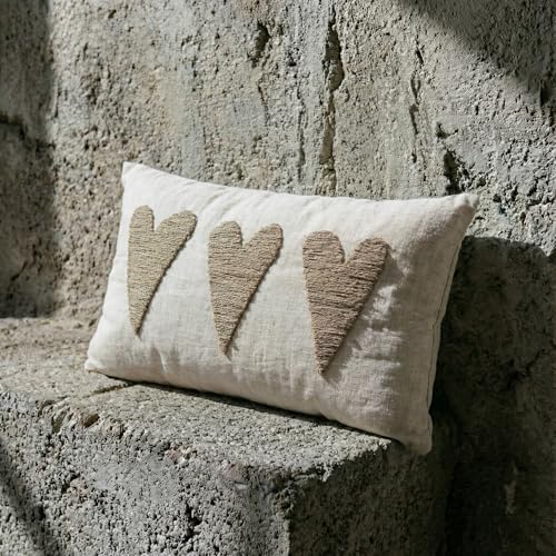VANNCIO Farmhouse Valentine’s Day Lumbar Pillow Cover with Textured 3D Jute Twine Hearts Embroidery, Neutral Burlap Linen Pillow Case for Rustic Love Decor, 12x20 inches, 1PCS