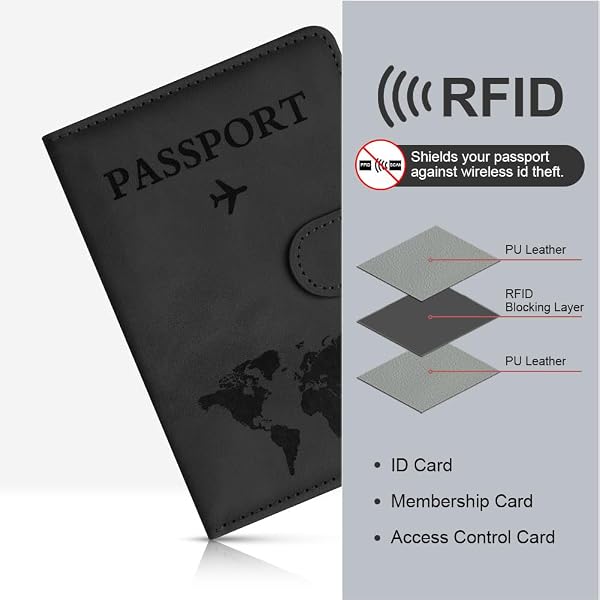 OFFCUP Custodia per Passaporto, Custodie Porta Passaporto con Blocco RFID, Custodia Passaportos con Etichetta Valigia in Pelle PU per Carte d'Identità Carte di Credito, Passaportos Pass (Nero) - 5