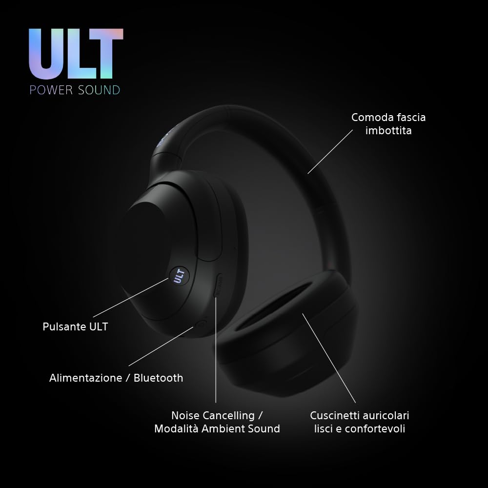 Sony ULT WEAR Cuffie Wireless Noise Cancelling, Bassi Profondi, Processore WH-1000XM5, Batteria 30 Ore, Nero