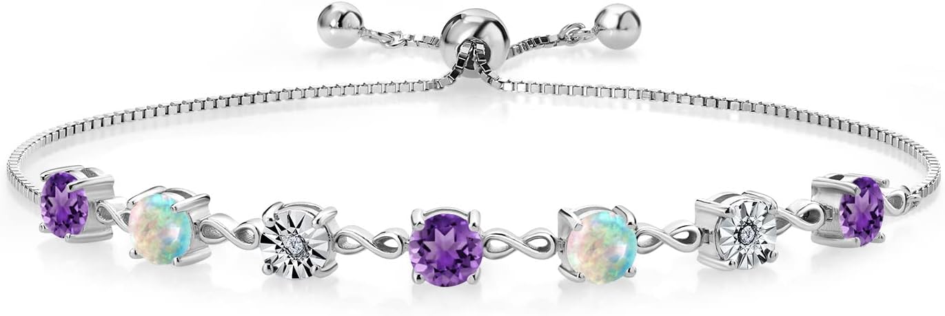 Gem Stone King 925 Sterling Silver Purple Amethyst White Simulated Opal & Lab Grown Diamond Tennis Bracelet For Women | 2.44 Cttw | Fully Adjustable Up to 9 Inch