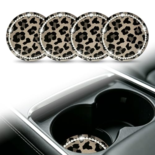 Yidcidu 4PCS Leopard Bling Car Cup Holder Coaster, Non-Slip Heat-Resistant Car Cup Holder Insert, Shiny Circular Diamond Studded Coaster, for Most Vehicles (Brown)
