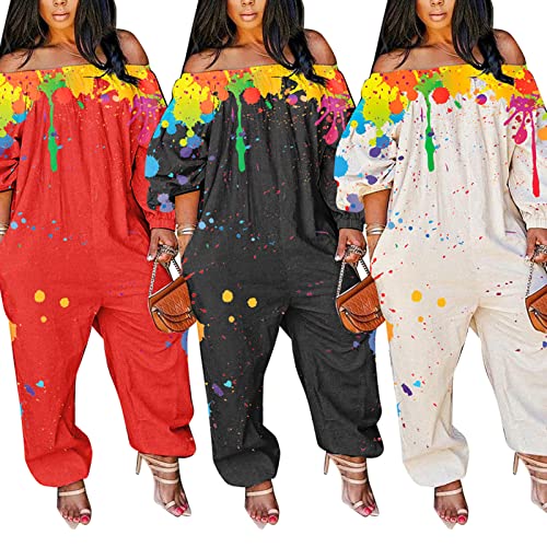 Meslima Rompers For Women Colorful Print Off Shoulder Long Sleeve Wide Leg Long Pant Set Jumpsuit Black 4Xl #TOP2