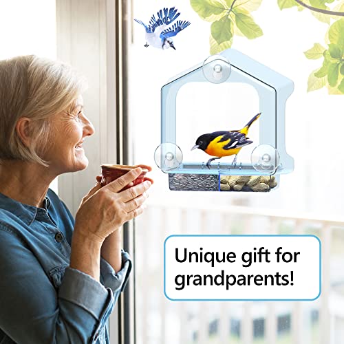 Lujii Colored Transparent Window Bird Feeder For Outside, All One Piece Design Non-Breakable, Accommodates Large Birds Like Cardinals Or Blue Birds, Lift-Up Tray For Easy Cleaning & Refilling, Blue #TOP5