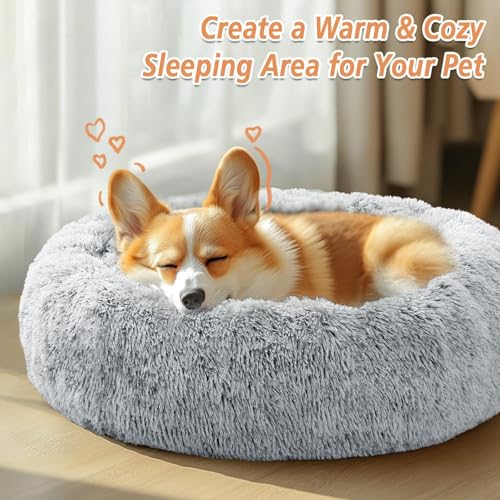 JOLLYVOGUE Calming Dog & Cat Bed for Small Dogs, Anti-Anxiety Donut Cuddler Cozy Soft Round Bed with Anti-Slip Bottom, Fluffy Faux Fur Plush Cushion Beds for Small Medium Dogs (20") - Image 6