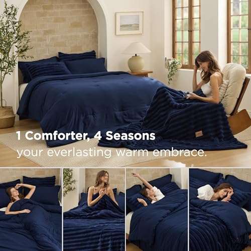 Image of Bedsure Gentlesoft 2-in-1 Queen Comforter Set and Detachable Fluffy Blanket, Navy Blue Bedding Set for All Season Use, Detachable Design for Space Saving (Includes 2 Pillow Shams, 2 Pillowcases)
