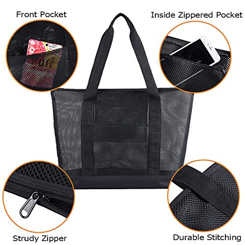 Edraco Mesh Beach Bags, Grocery Produce Tote Bag With Zipper & Pockets For Gym, Picnic, Shopping Or Travel #TOP3