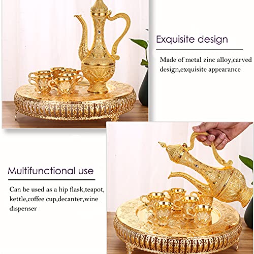 Turkish Coffee Cup And Tea Pot Set Including Teapot,Tea Tray,6 Metal Cups,Tea Service Set For Tea Table Decor,Hip Flask,Gift(Gold) #TOP3
